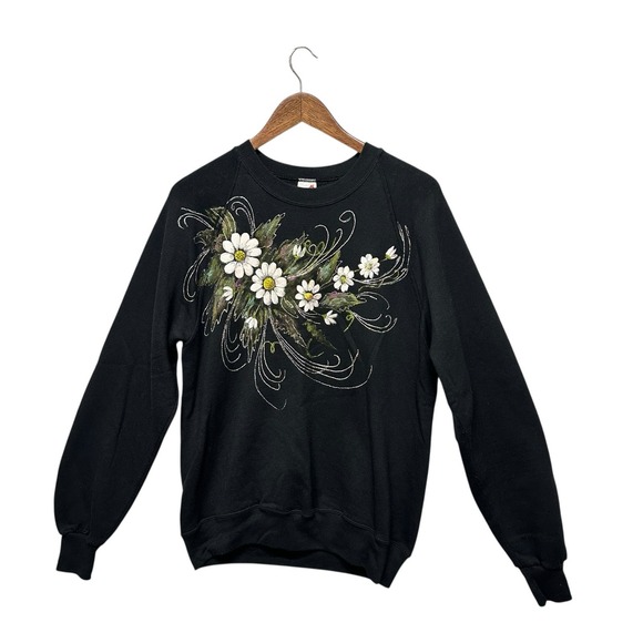 Vintage Jerzees Women's Long Sleeve Black Floral Crew Neck Sweatshirt Size L USA - Picture 1 of 8